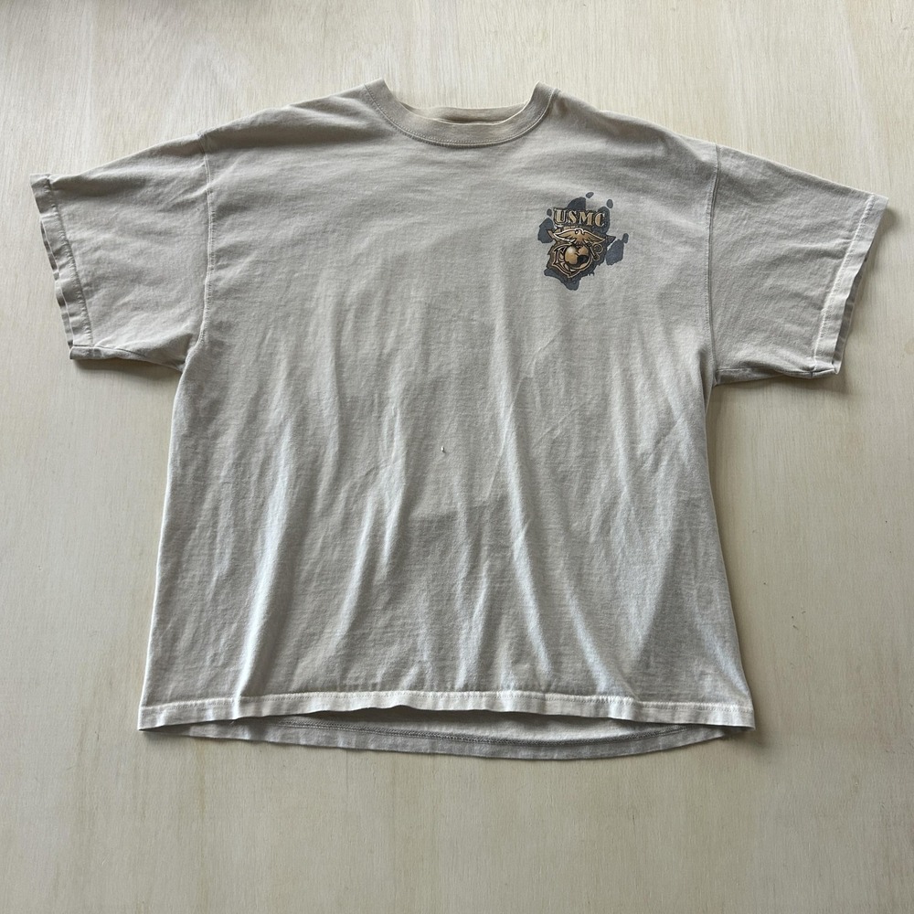 Vintage Quail Hollow Mens XL Beige USMC Bulldog Marine Corps Graphic T-Shirt